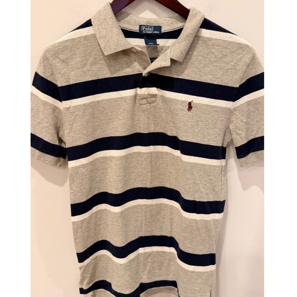 Polo Ralph Lauren Boys L 14-16 Striped Polo Shirt Grey Navy Blue